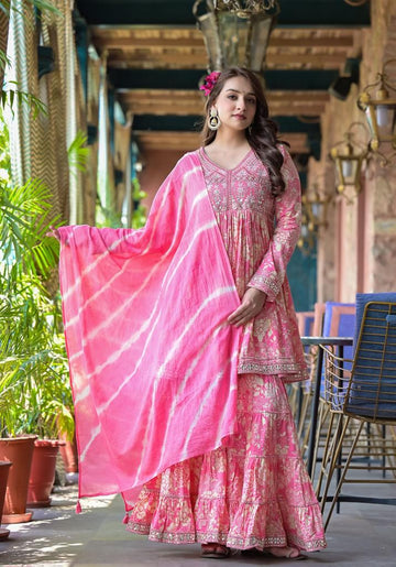 Varanga Pink Floral Printed Mirror Work Anarkali Kurta With Sharara And Dupatta